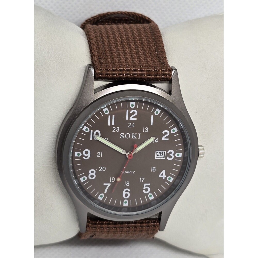 Men's SOKI US Military Army Calendar Analog Quartz Brown Canvas Band Watch 07 - Picture 3 of 9